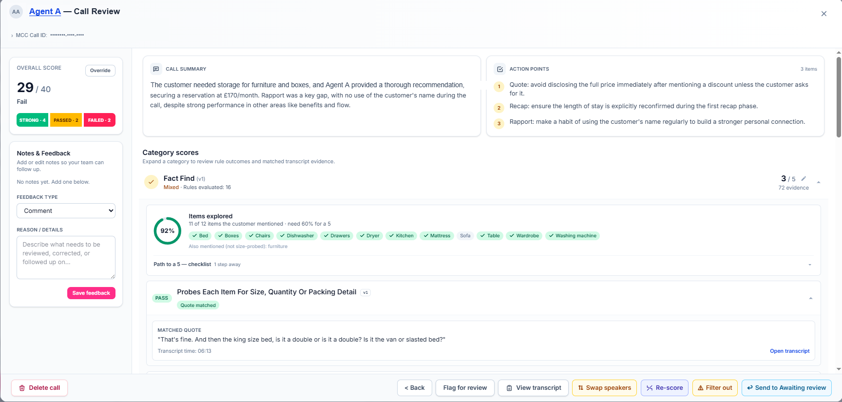 Metrix call review: overall score, call summary, action points and category scores